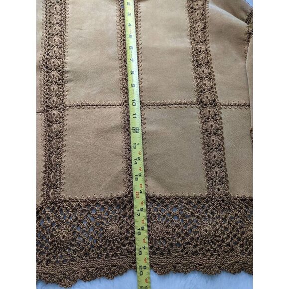 S.M.H. Boutique Tan Brown Vintage Boho Leather Suede Jacket Crochet Lace Patchwo - Picture 6 of 7